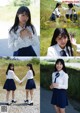 A collage of photos of a girl in a school uniform.